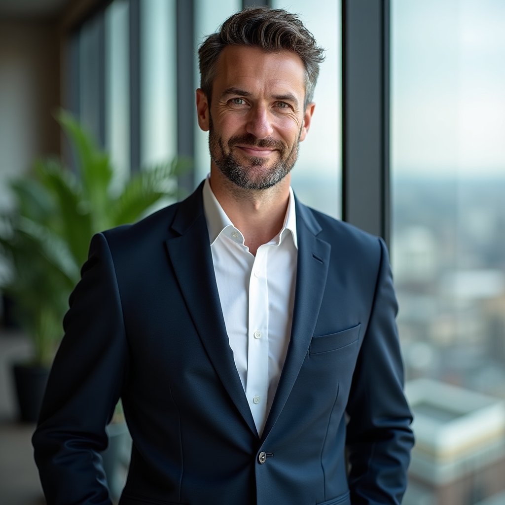Male CEO in his mid-30s with a calm confident expression wearing a navy blue blazer in a naturally lit modern office