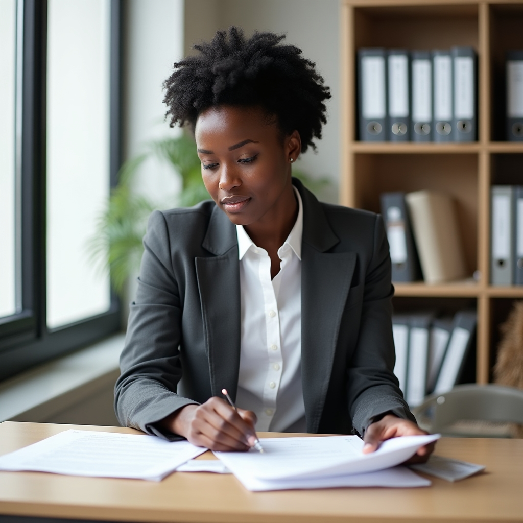 Female Chief Compliance Officer in her early 30s with a professional focused expression wearing a white blouse reviewing documents